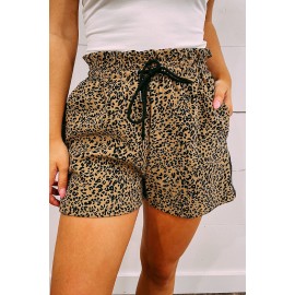 Leopard Print Ruffled Drawstring High Waist Shorts