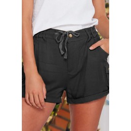 Black Mid Waist Pocket Drawstring Buttons Straight Leg Shorts