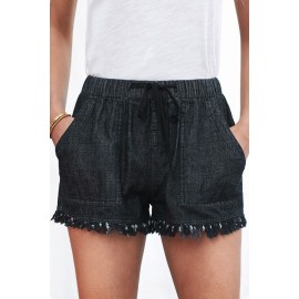 Black Casual Pocketed Frayed Denim Shorts