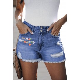 Letters Print Raw Cuffs Denim Shorts