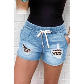 Distressed Leopard Patchwork Denim Shorts