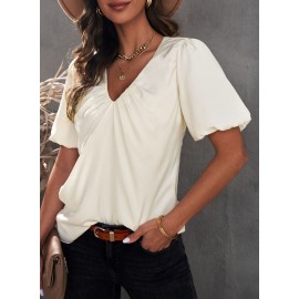 Satin Puff Sleeve V Neck Blouse