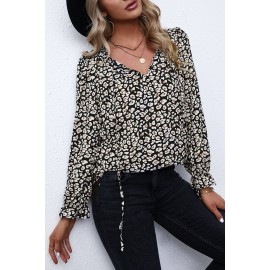 Black Printed Long Sleeve V-Neck Drawstring Shirt